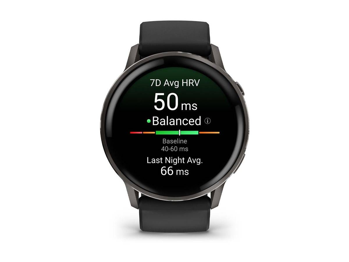 Ein Smartwatch-Display zeigt „7D Avg HRV