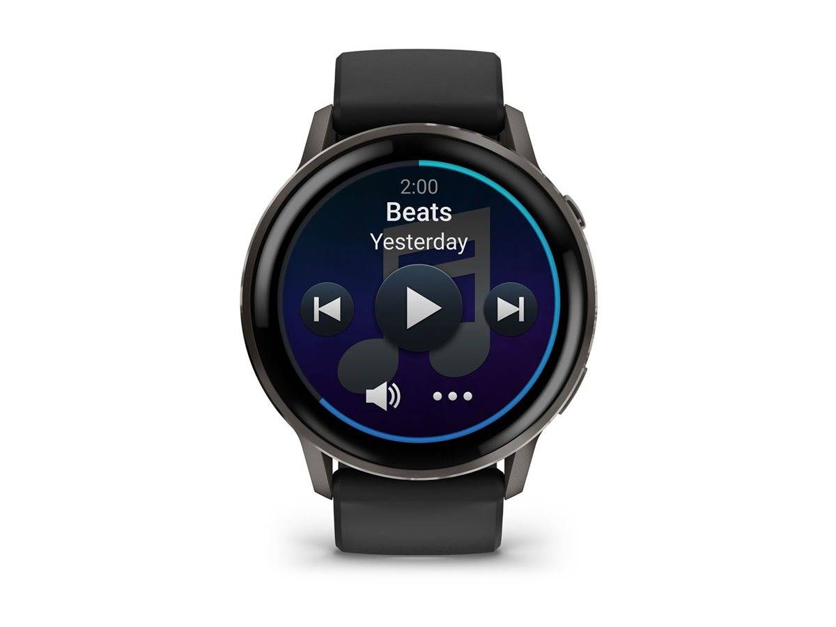Runde Smartwatch zeigt einen Musik-Player für 