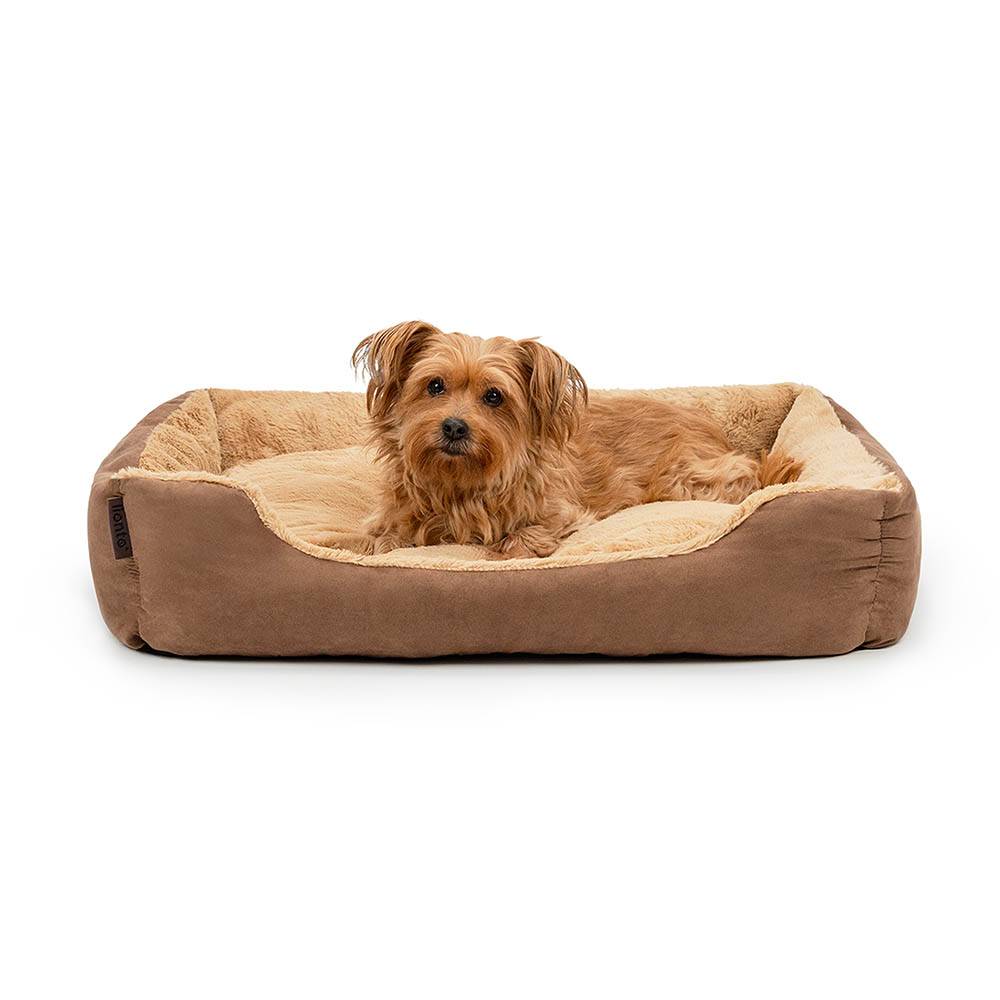 lionto Hundebett, weiches Kuschelbett mit herausnehmbarem Wendekissen & Anti-Rutsch-Boden, 75x60 cm, braun/beige