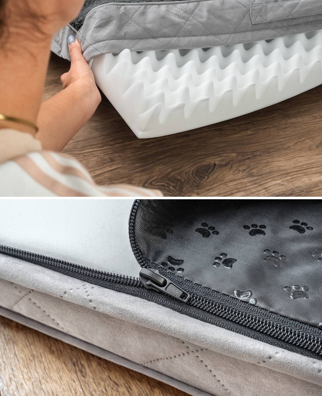 lionto Hundebett, orthopädisches Bett mit Plüschoberfläche & Wildlederimitat, abnehmbarer Bezug & Tragegriff, 112x81x8 cm, grau