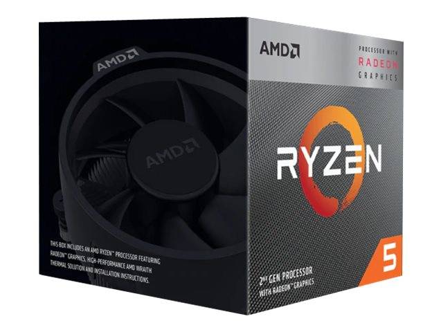 AMD Ryzen 5 Prozessor-Box mit schwarzem Kühlventilator und orangem Ryzen-Logo, mit der Bezeichnung „Prozessor mit Radeon-Grafik