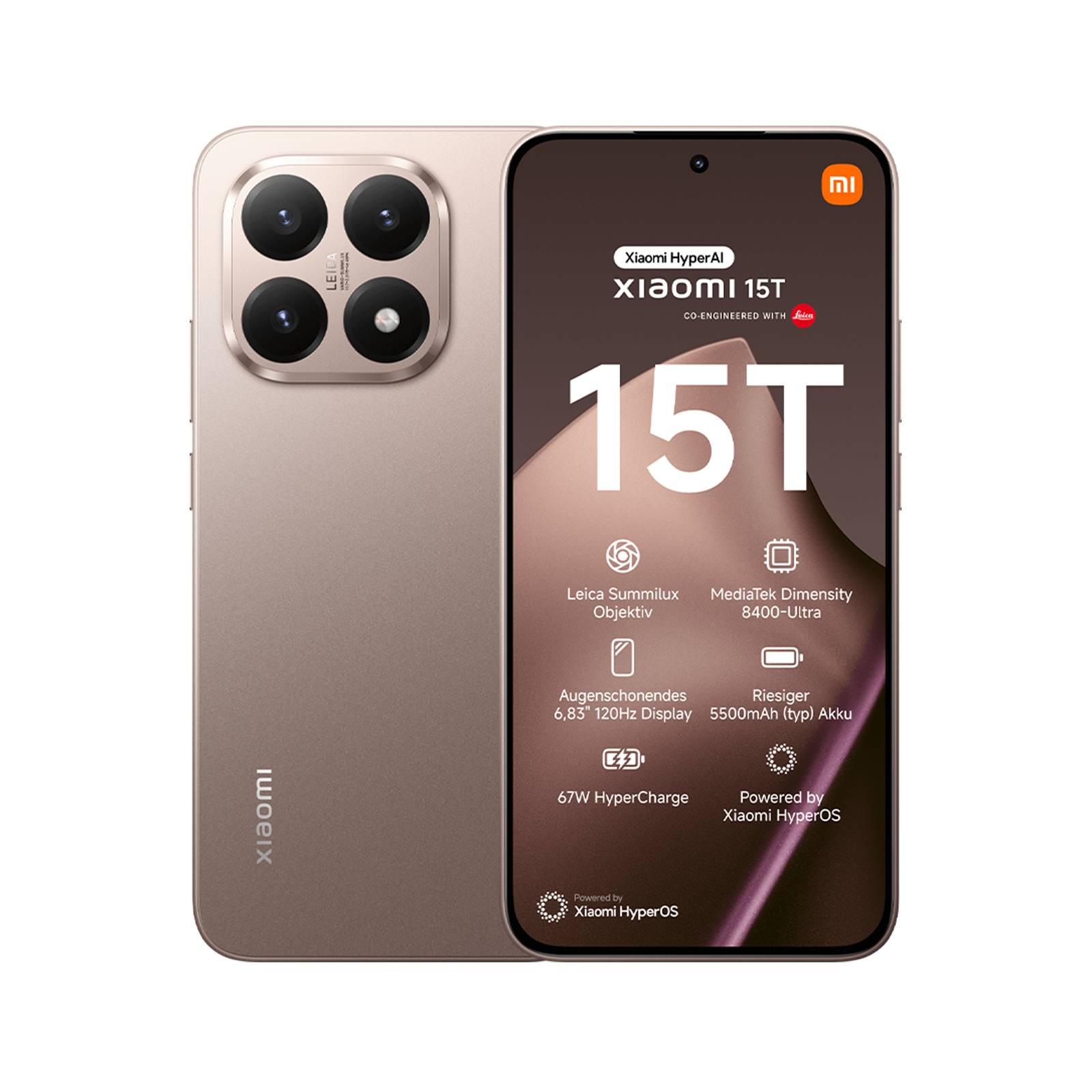 Xiaomi 15T Smartphone von vorne und hinten gezeigt, wobei ein Triple-Kamera-Modul hervorgehoben wird und der Bildschirmtext Leica Summilux Optiken, Dimensity 8400-Ultra, 120Hz-Display und 67W HyperCharge auflistet.