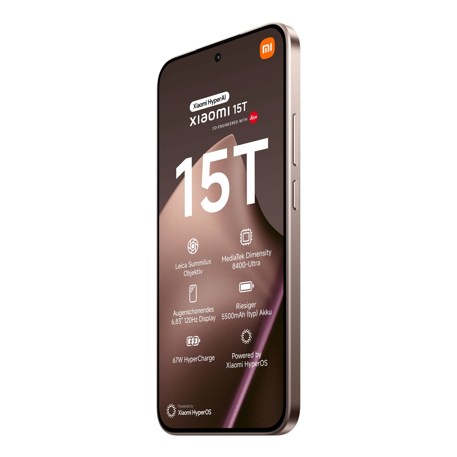Xiaomi 15T Smartphone auf schwarzem Hintergrund gezeigt, mit großem „15T" auf dem Bildschirm und aufgelisteten Funktionen einschließlich Leica-Kamera, MediaTek Dimensity 8400-Ultra, 67W HyperCharge und HyperOS.