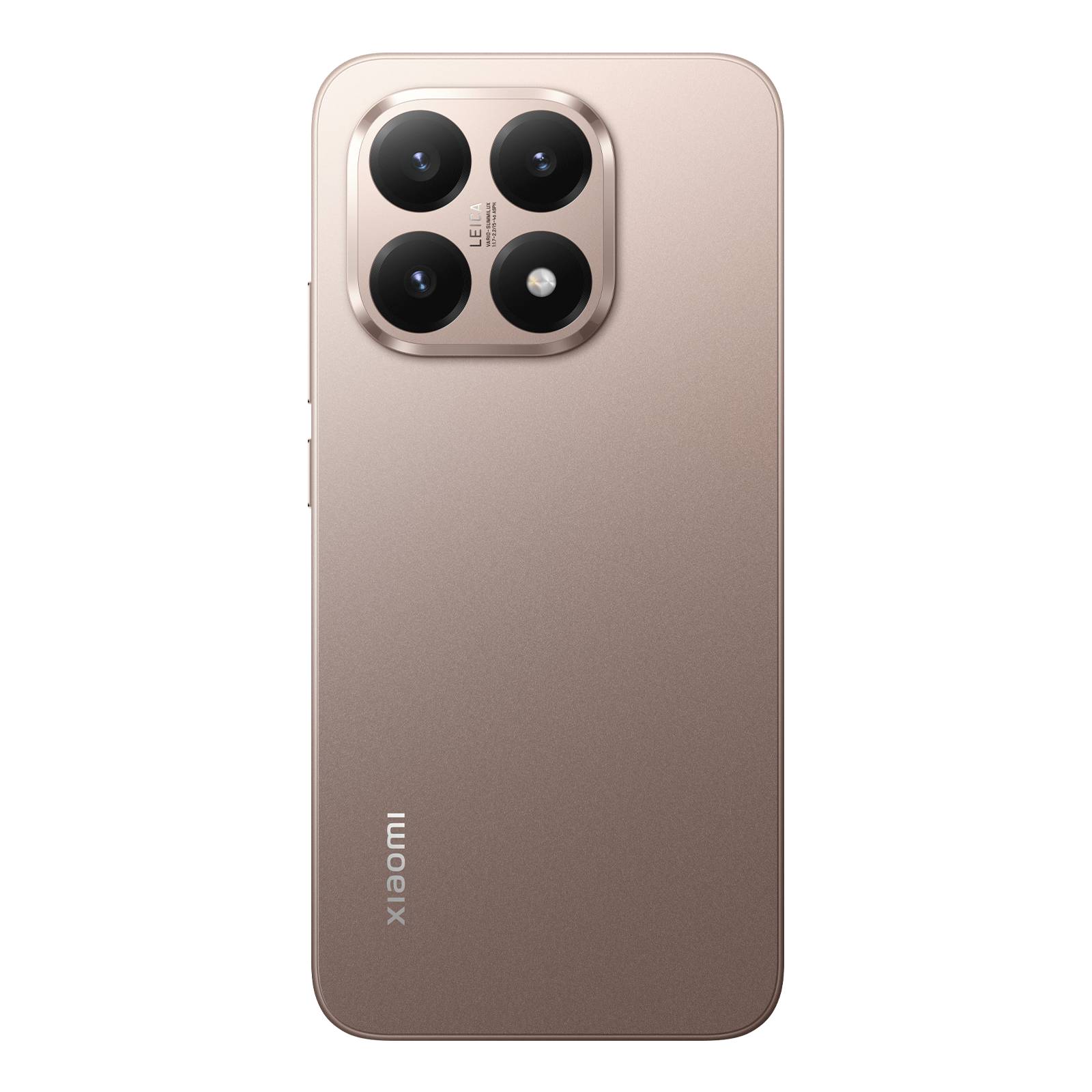 Rückseite eines roségoldenen Xiaomi-Smartphones mit einem quadratischen Dreifach-Kameramodul und Blitz oben links, dargestellt vor schwarzem Hintergrund.