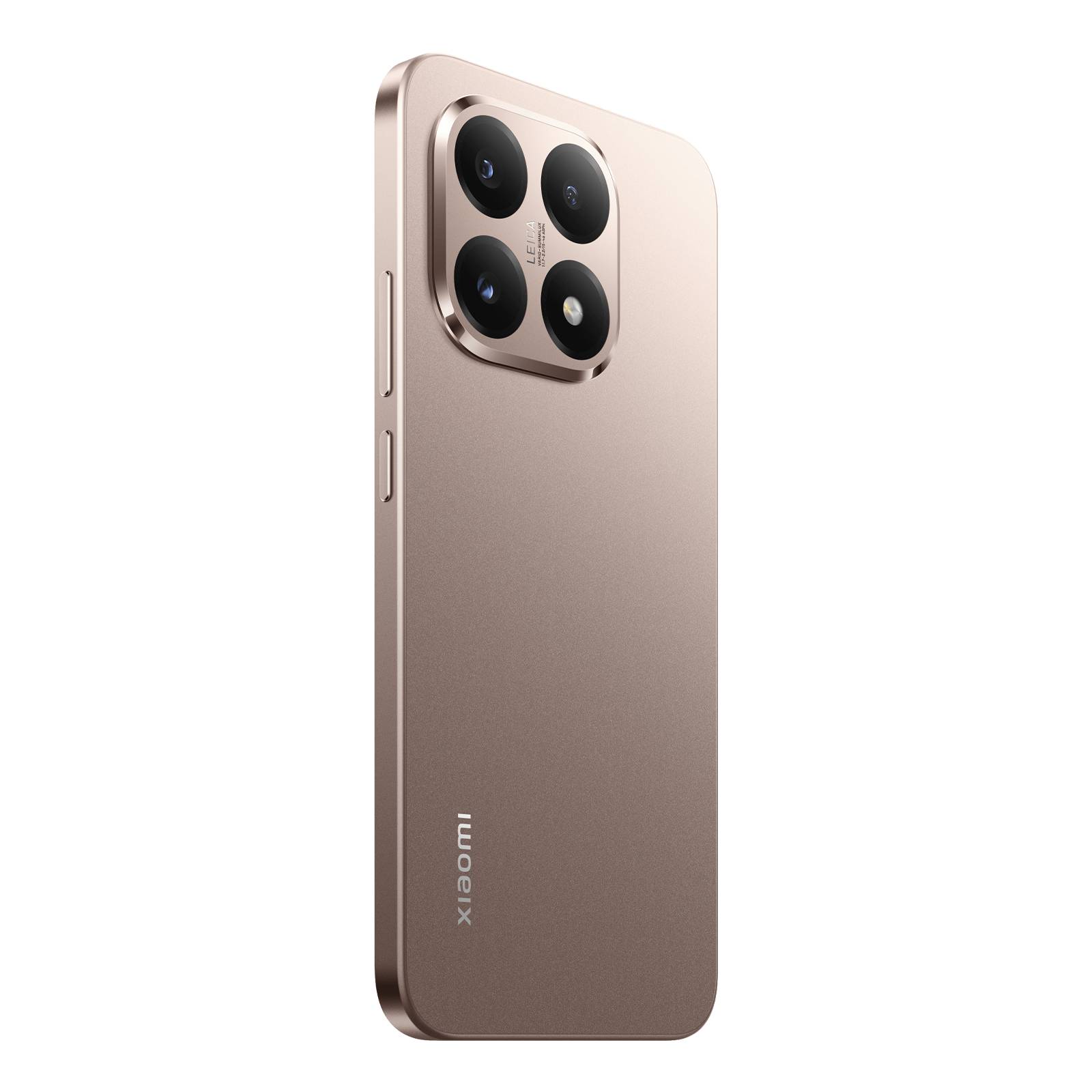 Rückansicht eines goldenen Xiaomi-Smartphones mit quadratischem Triple-Kamera-Modul mit Blitz und schlanken Seitentasten.