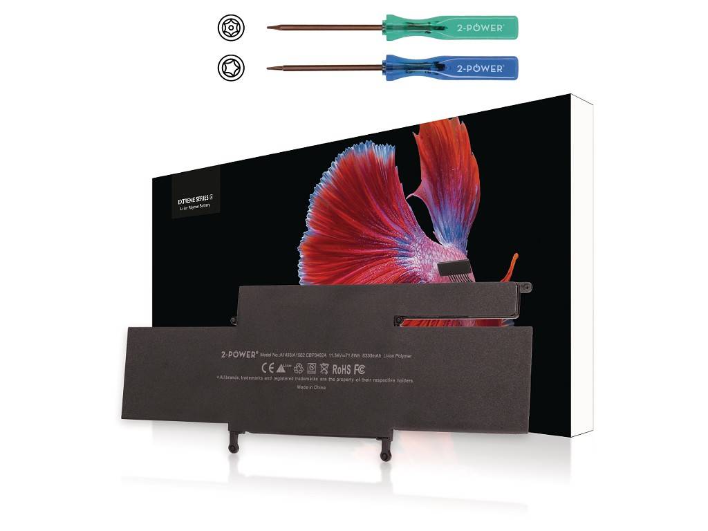 Zwei 2-POWER-Computerspeichersticks werden zusammen mit einer schwarzen Einzelhandelsverpackung gezeigt, die eine bunte Fischgrafik aufweist und als Produktverpackung präsentiert wird.