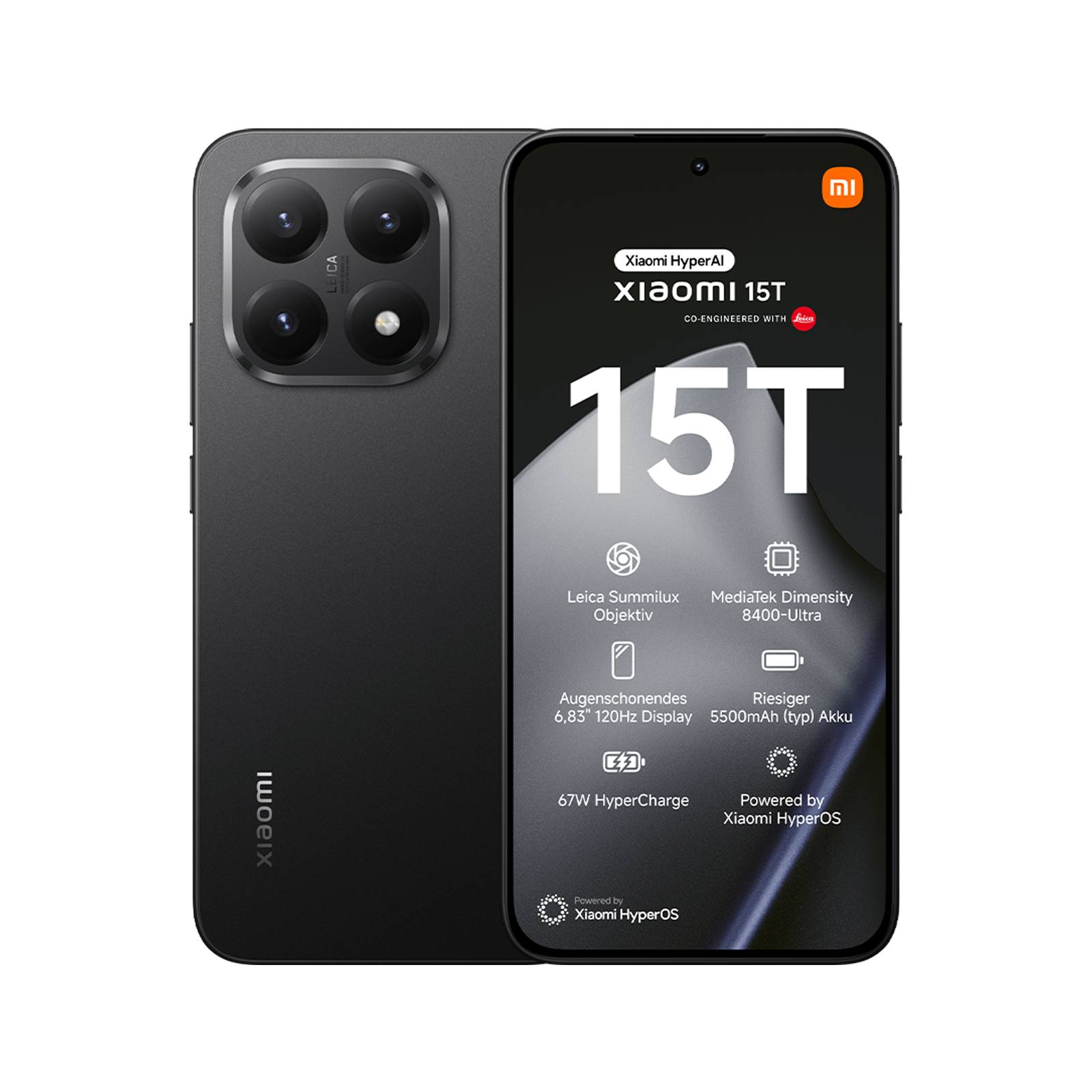 Vorder- und Rückansicht eines Xiaomi 15T-Smartphones mit einem Triple-Kamera-Modul auf der Rückseite und Bildschirmtext, der HyperAI, 6,83-Zoll-120Hz-Display, 67W HyperCharge und 5500-mAh-Akku hervorhebt.