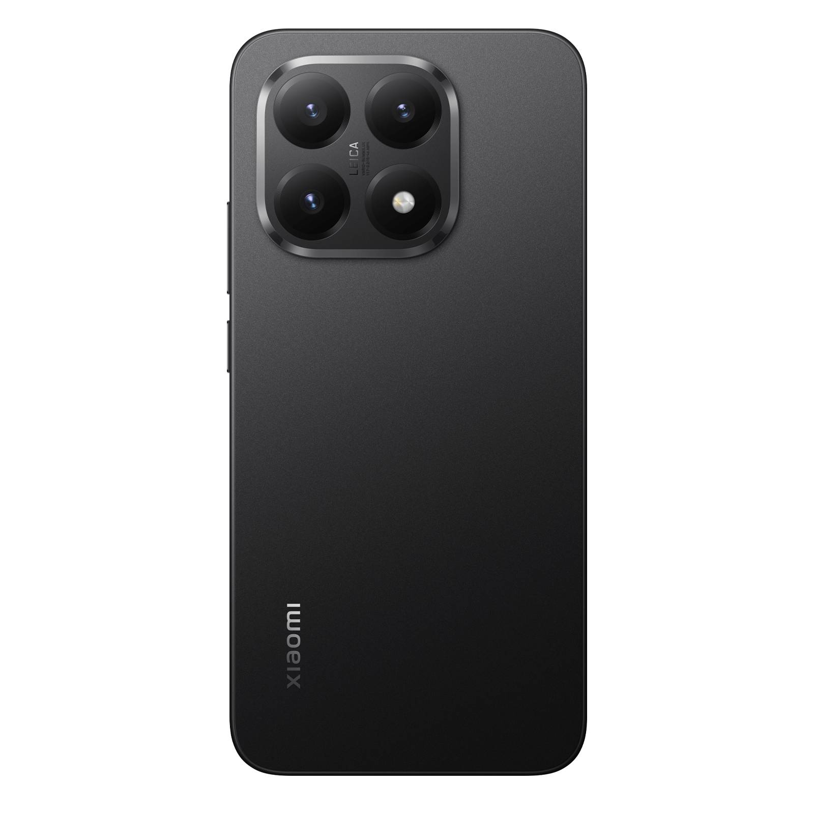 Schwarzes Xiaomi-Smartphone von hinten gezeigt, mit einem quadratischen Triple-Kamera-Modul und Blitz oben links in der Nähe.
