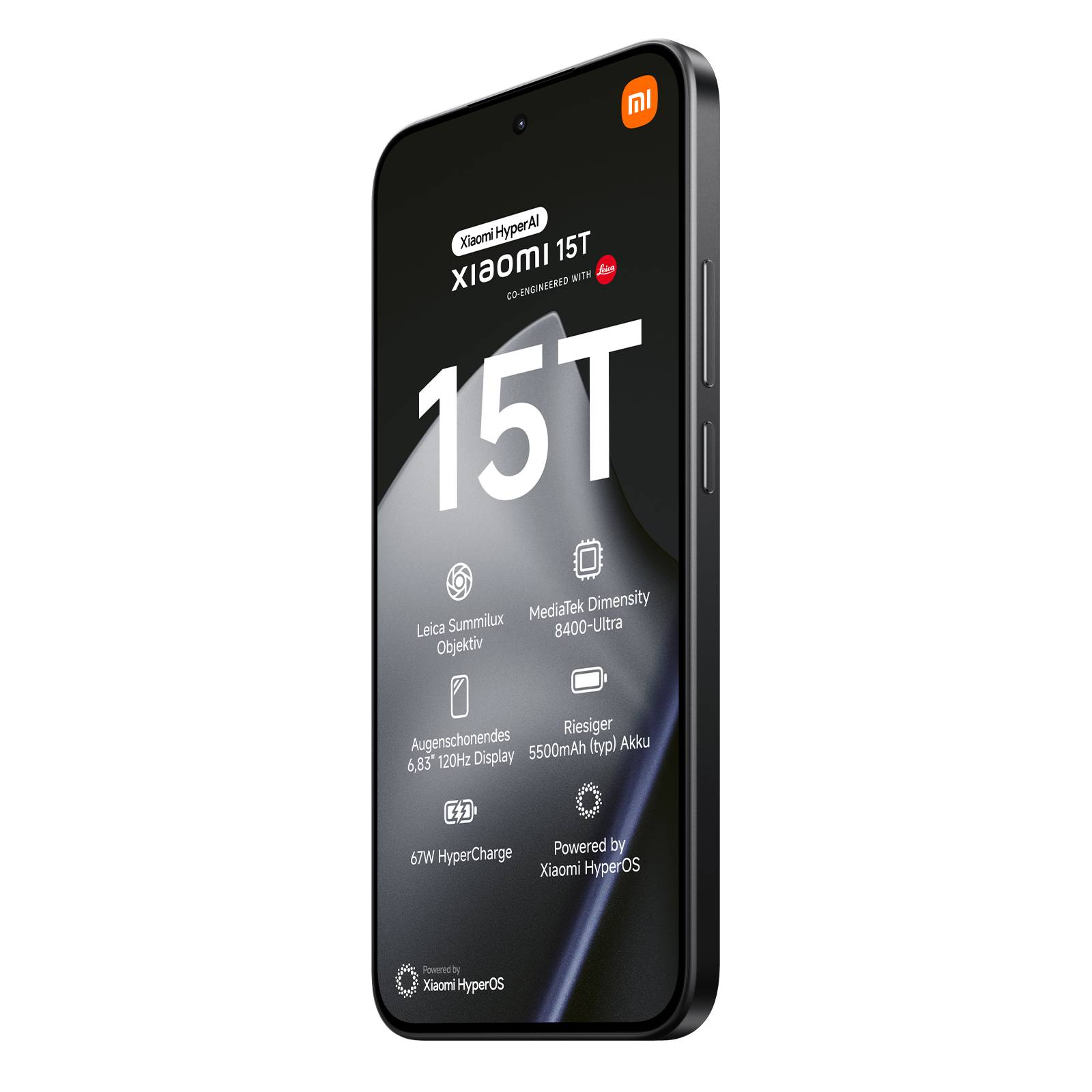Xiaomi 15T Smartphone auf schwarzem Hintergrund dargestellt, mit Bildschirm, der wichtige Funktionen auflistet wie Leica-Kamera, MediaTek Dimensity 8400-Ultra, 6,8-Zoll-Display, 5500-mAh-Akku und 67W HyperCharge.
