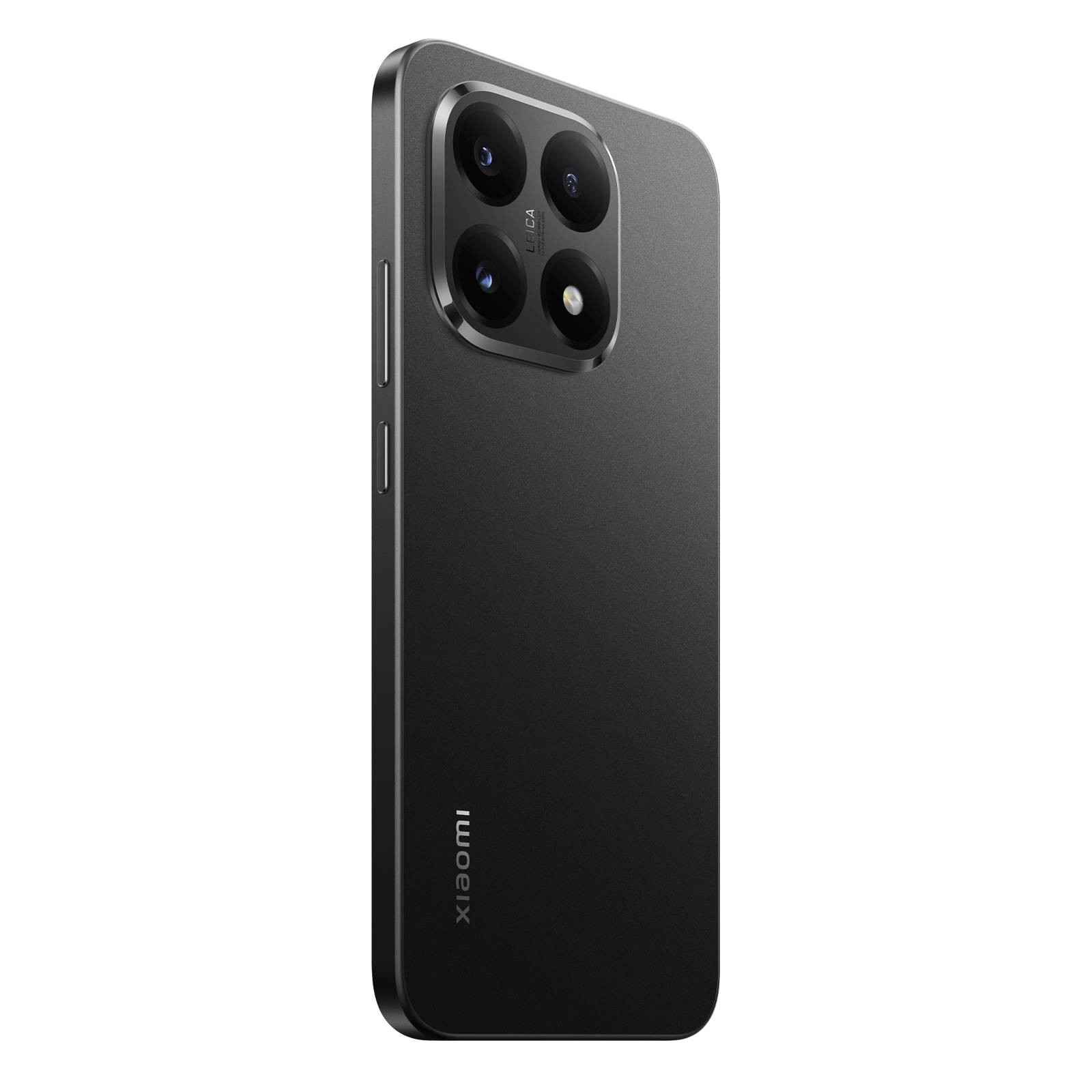 Rückseite eines schwarzen Xiaomi-Smartphones mit einem quadratischen Triple-Kamera-Modul mit Blitzlicht und Seitentasten.