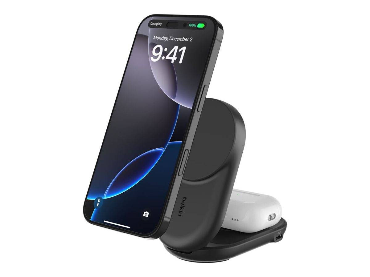 Belkin UltraCharge - Kabelloses Ladegerät - 2-in-1, Qi2, magnetisch, faltbar + AC-Netzteil - 25 Watt - Fast Charge (24