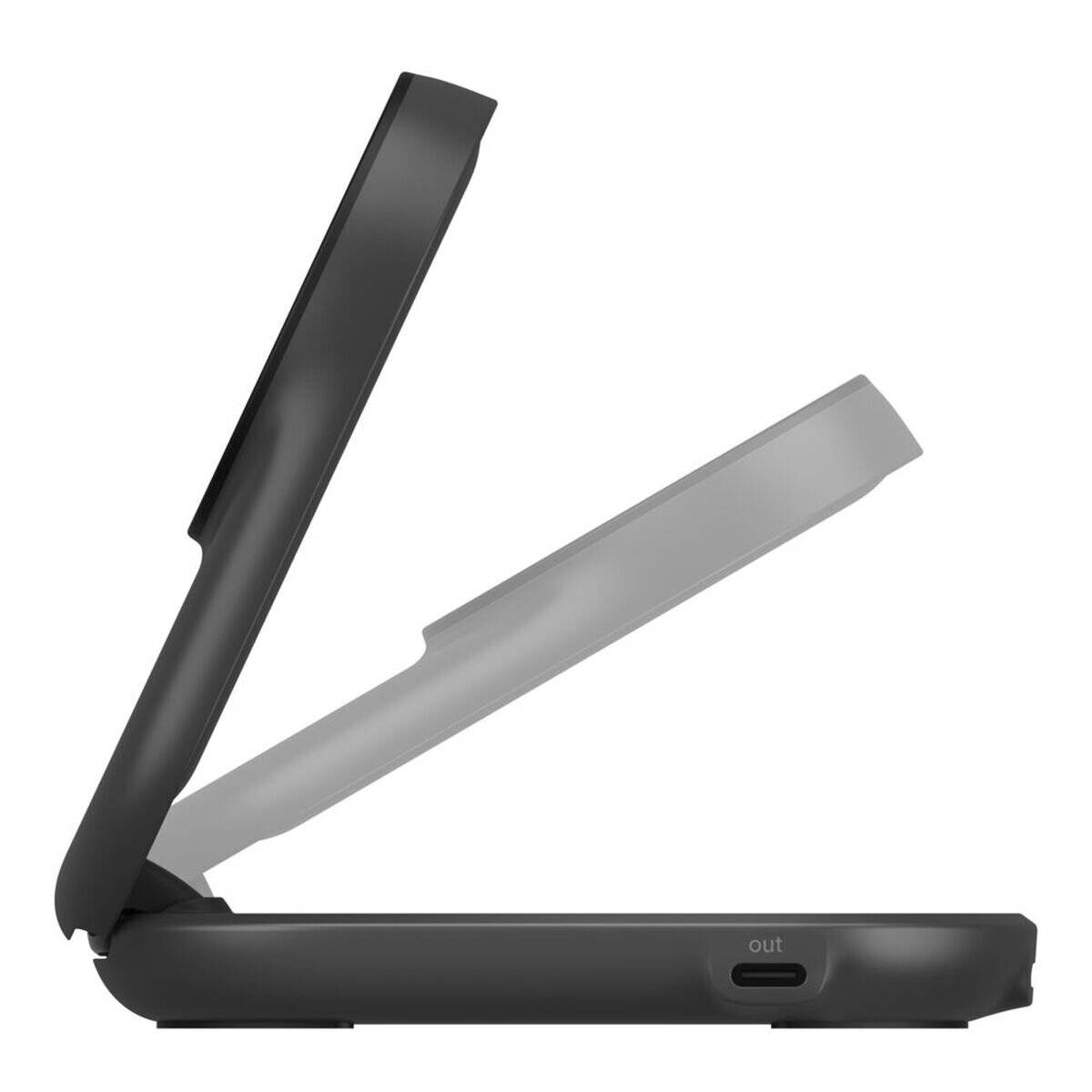 Seitenansicht einer schwarzen und grauen Laptop-Dockingstation oder eines Ständers mit zwei abgewinkelten Armen, einer ist mit „out