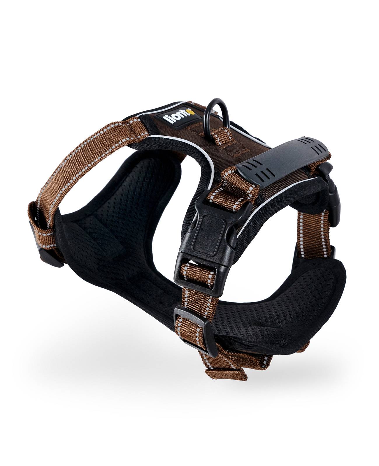 lionto Anti-Zug Hundegeschirr, verstellbares Y-Geschirr mit Brustring, reflektierend & gepolstert, Größe S, braun