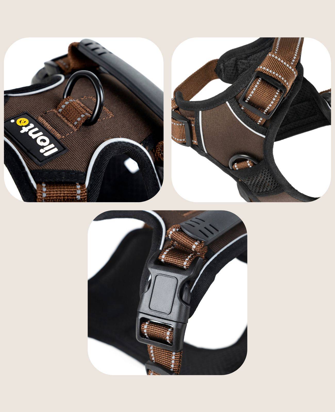 lionto Anti-Zug Hundegeschirr, verstellbares Y-Geschirr mit Brustring, reflektierend & gepolstert, Größe XL, braun