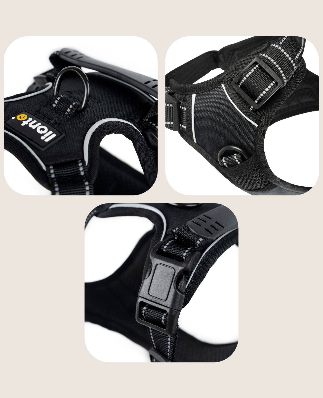 lionto Anti-Zug Hundegeschirr, verstellbares Y-Geschirr mit Brustring, reflektierend & gepolstert, Größe L, schwarz