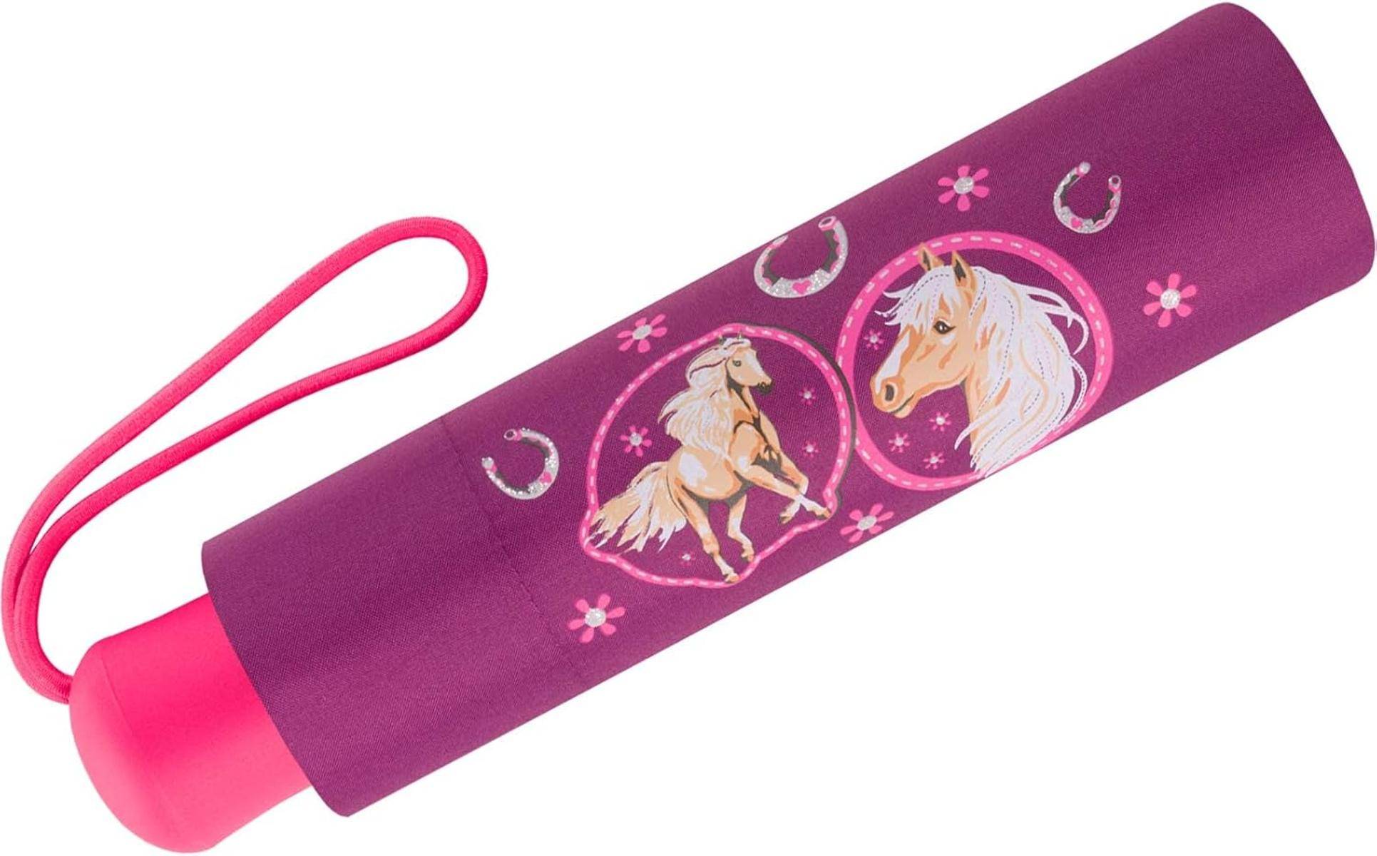 Scout Kinder-Taschenschirm mit reflektierendem Streifen Pink Horse Regenschirm