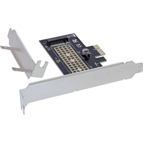 Ein PCIe-Adapterkarte mit zwei Metallbügeln auf weißem Hintergrund, verwendet zum Verbinden von Hardwarekomponenten mit einem Computer.