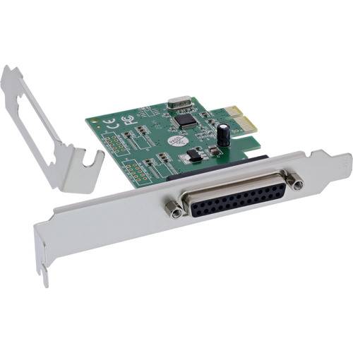 Eine Computer-PCIe-Parallel-Port-Karte mit grüner Leiterplatte und Metallhalterung, entwickelt zum Hinzufügen von Parallel-Konnektivität zu PCs.