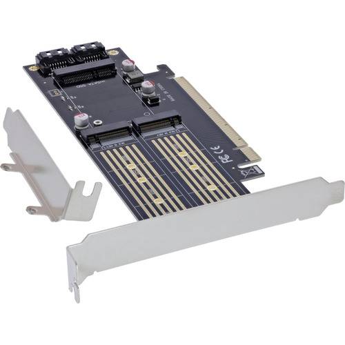 Eine PCI-Express-(PCIe)-Adapterkarte mit Erweiterungssteckplätzen, typischerweise zur Erweiterung eines Computers um zusätzliche Geräte verwendet, dargestellt mit Metallhalterungen.