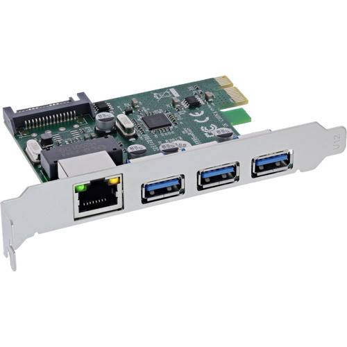 PCIe-Erweiterungskarte mit drei USB-3.0-Anschlüssen und einem Ethernet-Anschluss, entwickelt zur Verbesserung der Computervernetzung.