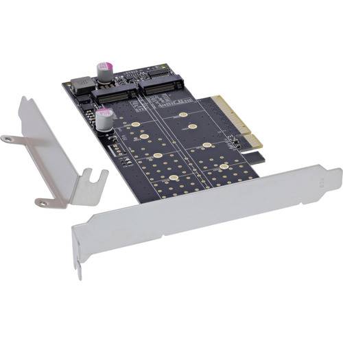 PCI-Express-Adapterkarte mit zwei M.2-Steckplätzen, entwickelt zur Erhöhung der Speicherkapazität in Computern, gezeigt mit abnehmbaren Halterungen.