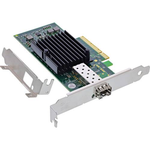Netzwerkschnittstellenkarte mit Kühlkörper und zwei Metallklammern. Verfügt über einen PCI-Express-Anschluss und mehrere Schaltungskomponenten.