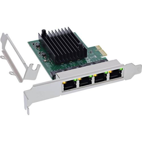 Eine Netzwerkschnittstellenkarte mit vier Ethernet-Anschlüssen und Wärmekühler, die für die Installation in Computern konzipiert ist, um Netzwerkkonnektivität zu ermöglichen.