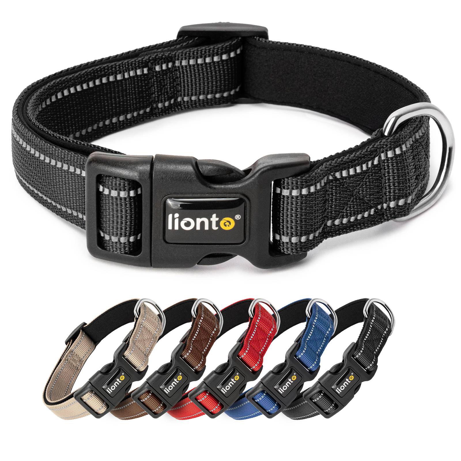lionto Hundehalsband reflektierend, gepolstert & verstellbar aus Nylon und Neopren, (M) verstellbare Länge 35-50 cm, schwarz