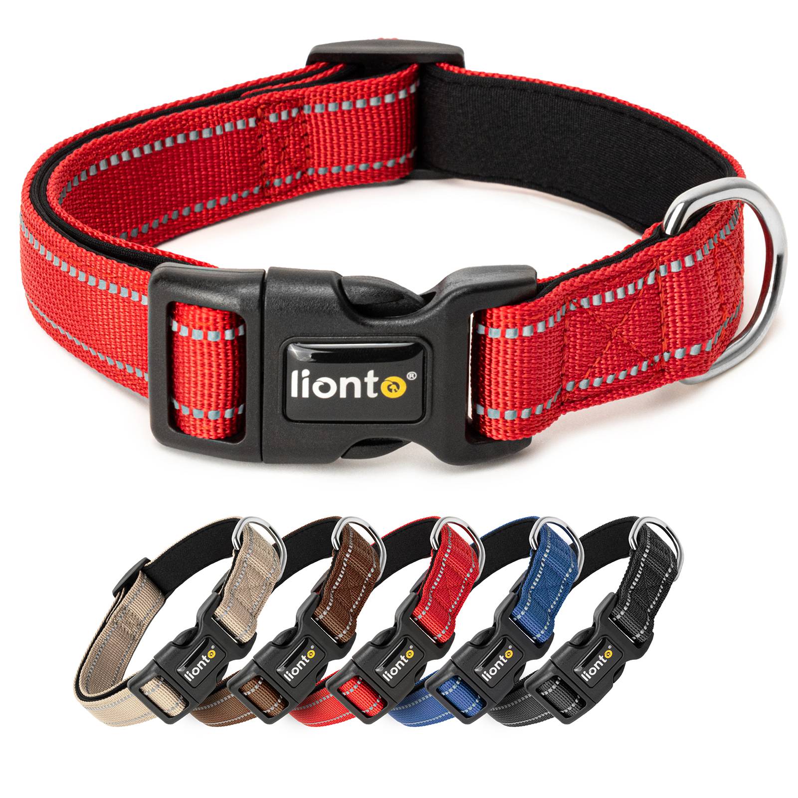 lionto Hundehalsband reflektierend, gepolstert & verstellbar aus Nylon und Neopren, (M) verstellbare Länge 35-50 cm, rot