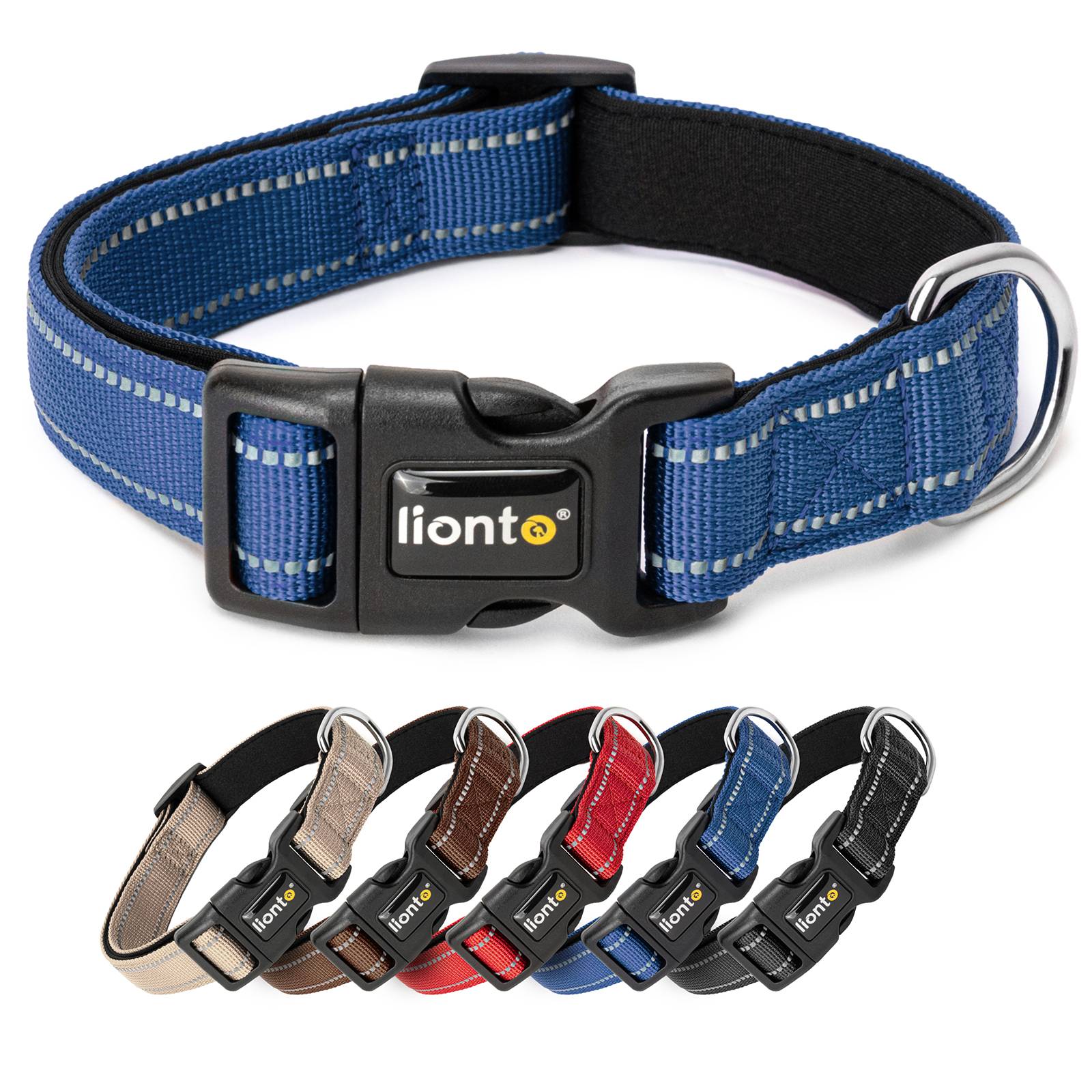 lionto Hundehalsband reflektierend, gepolstert & verstellbar aus Nylon und Neopren, (XL) verstellbare Länge 45-70 cm, blau