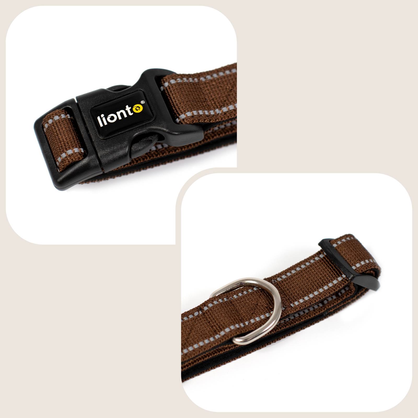 lionto Hundehalsband reflektierend, gepolstert & verstellbar aus Nylon und Neopren, (XL) verstellbare Länge 45-70 cm, braun