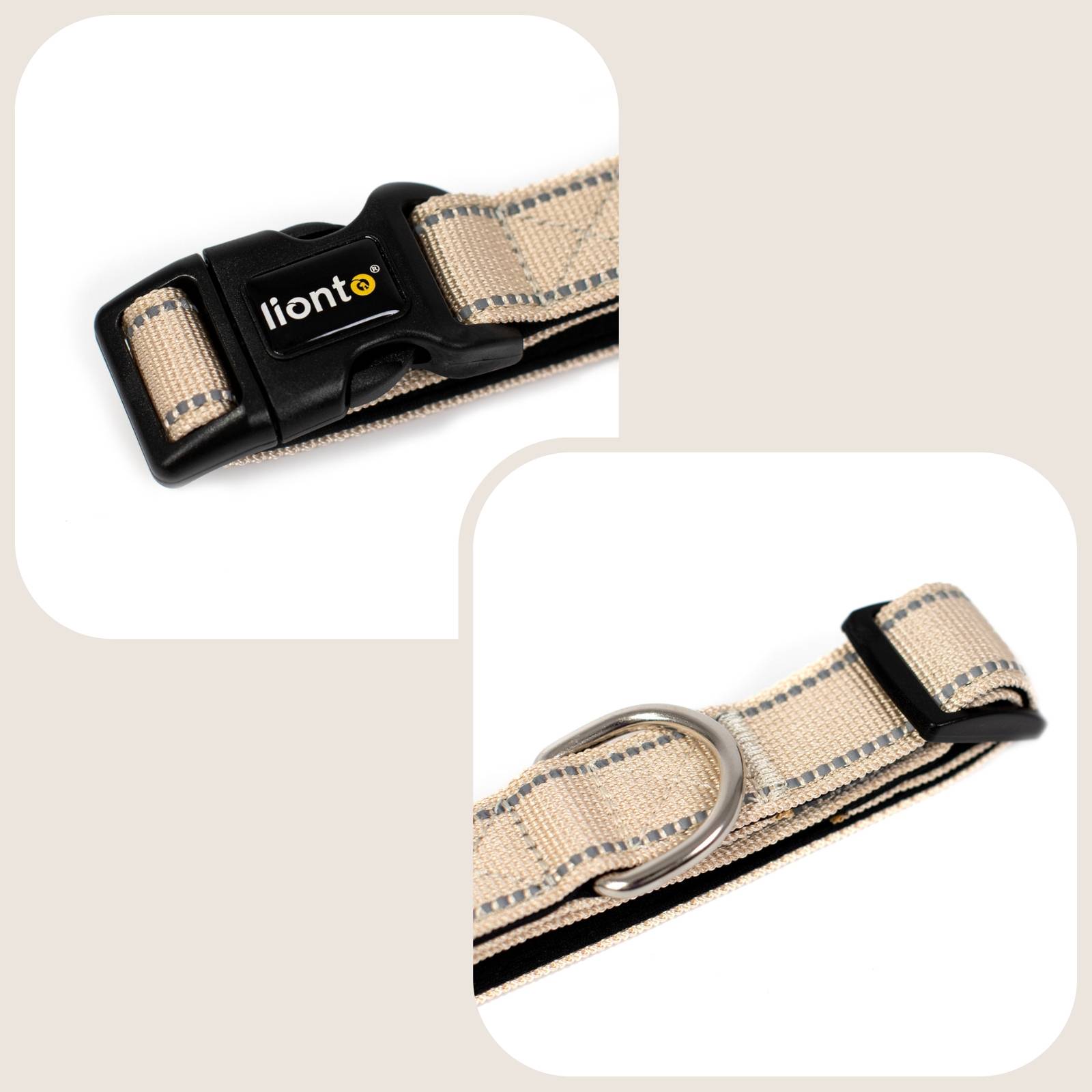 lionto Hundehalsband reflektierend, gepolstert & verstellbar aus Nylon und Neopren, (L) verstellbare Länge 40-60 cm, beige