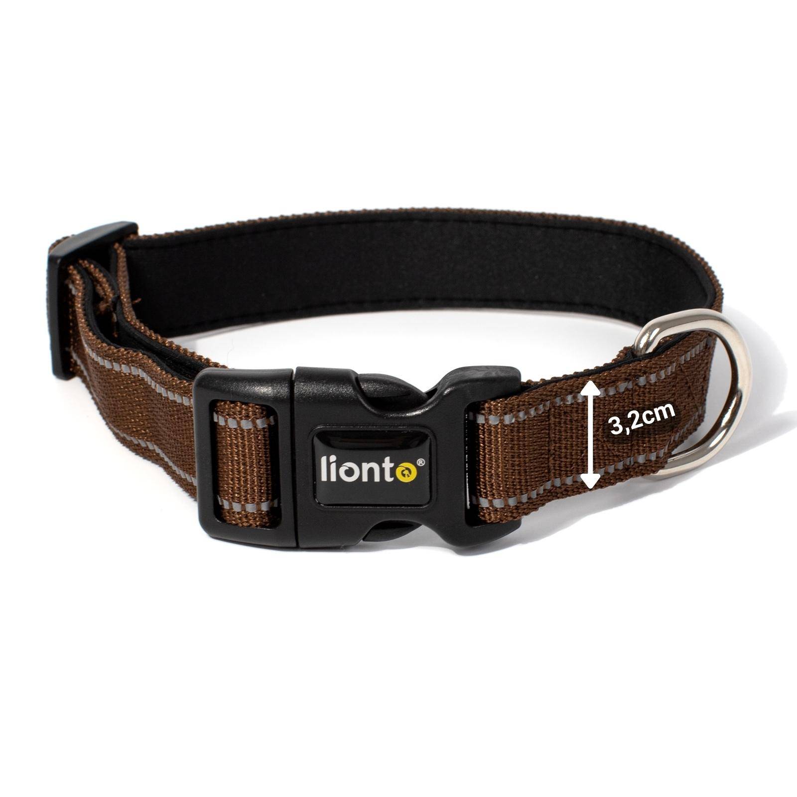 lionto Hundehalsband reflektierend, gepolstert & verstellbar aus Nylon und Neopren, (XL) verstellbare Länge 45-70 cm, braun