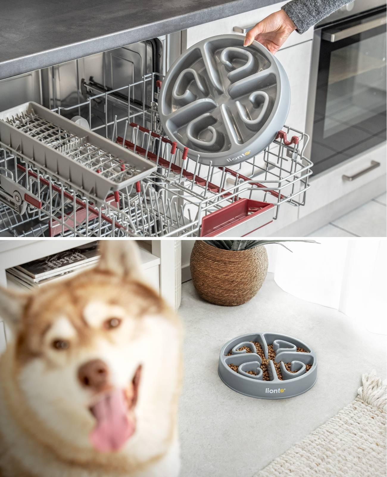 lionto Antischlingnapf für Hunde & Katzen mit Anti-Rutsch-Füßen, spülmaschinenfest & robust, 30 cm, hellgrau