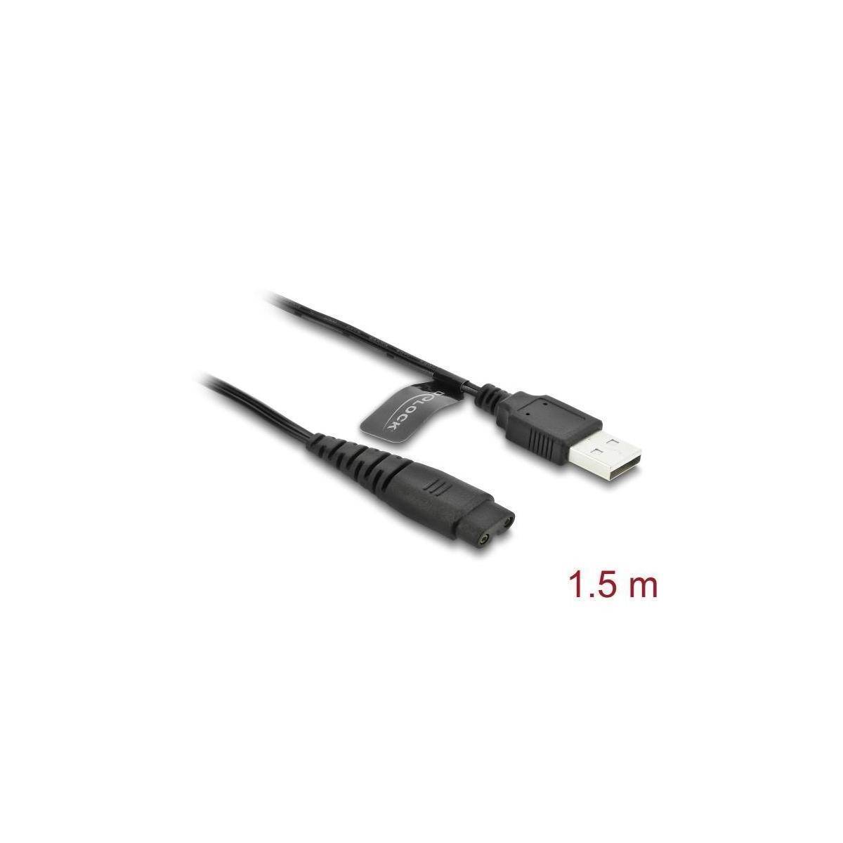 USB zu DC Stromkabel, schwarz, mit einer Länge von 1,5 Metern, zeigt Anschlüsse an beiden Enden.