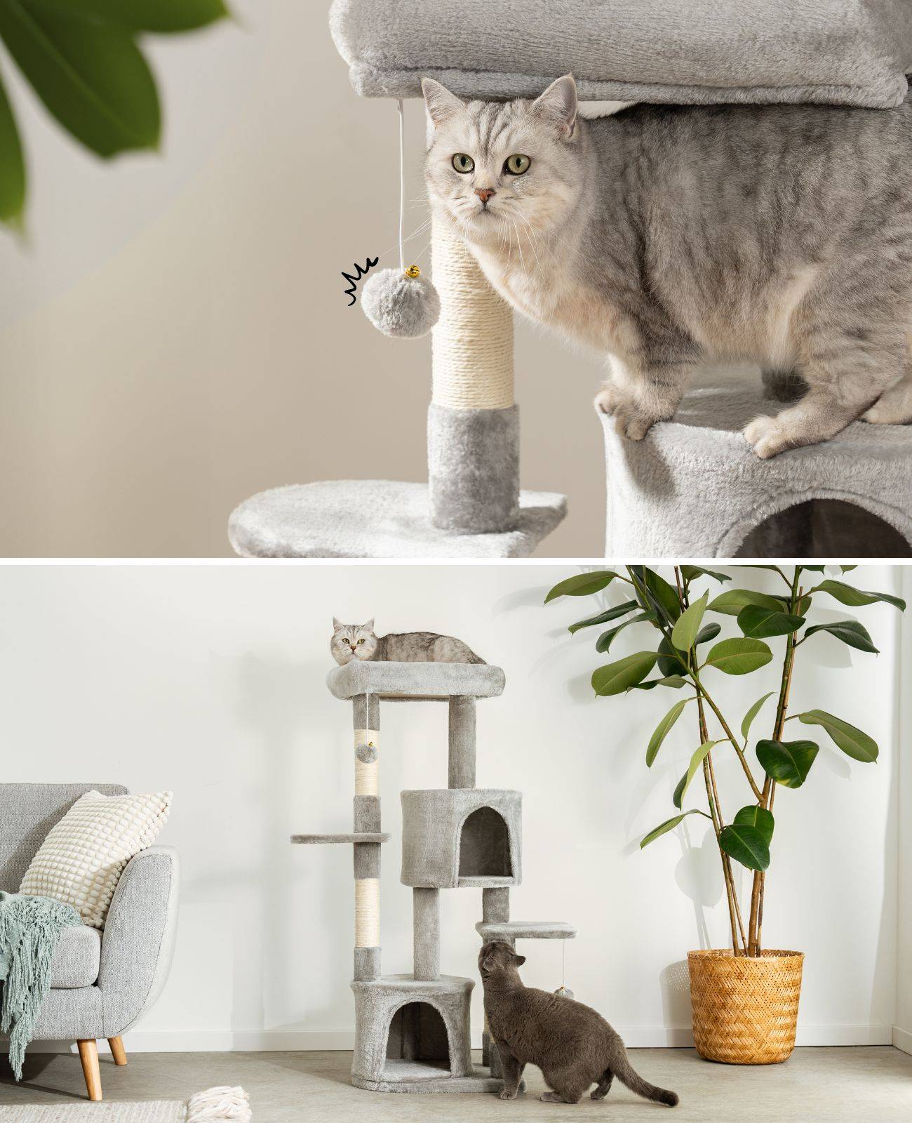 lionto Katzen Kratzbaum 115 cm, stabiler Kletterbaum mit 3 Ebenen, 2 Höhlen & 4 Sisalstämmen, inkl. Wandhalterung, hellgrau