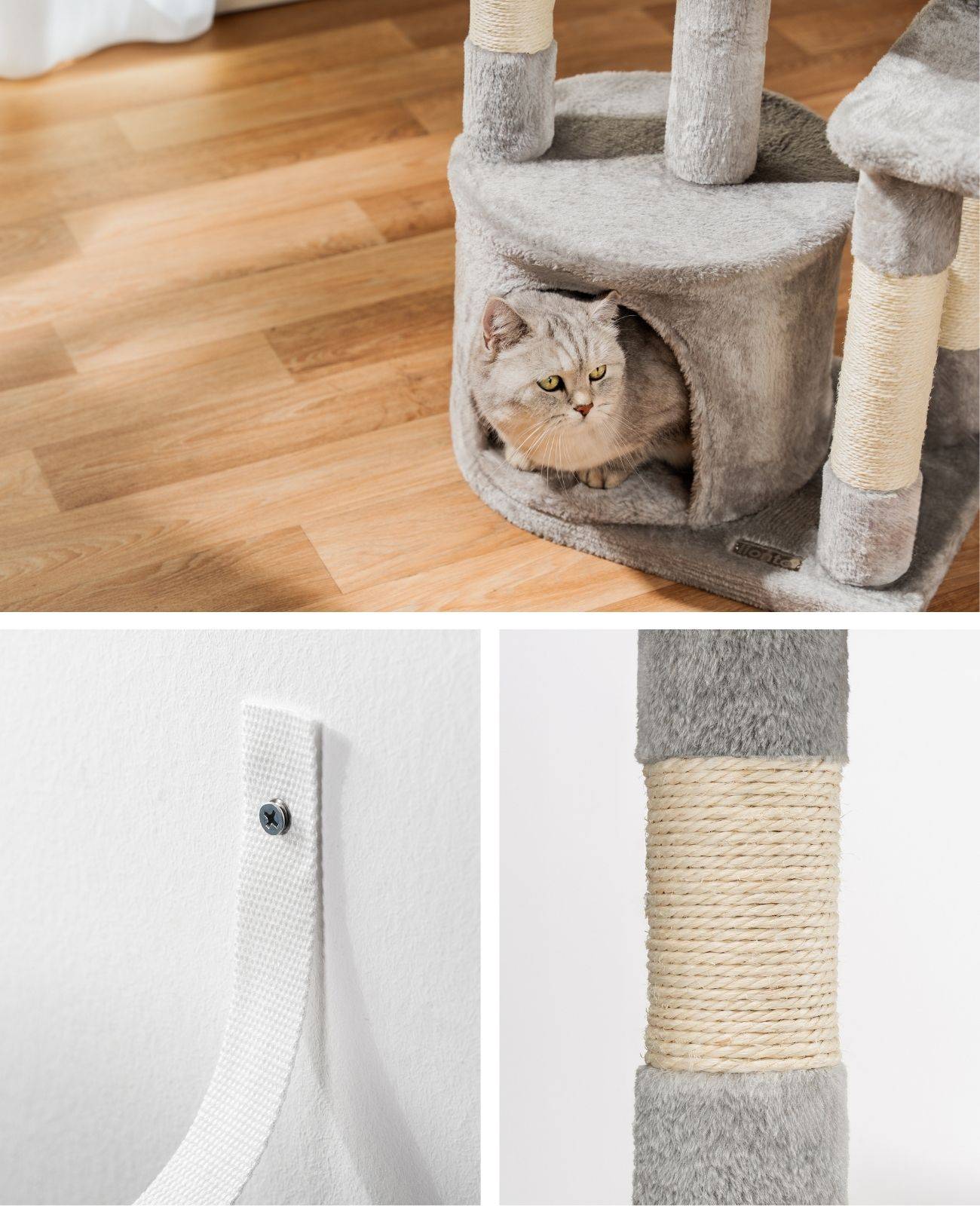 lionto Katzen Kratzbaum 115 cm, stabiler Kletterbaum mit 3 Ebenen, 2 Höhlen & 4 Sisalstämmen, inkl. Wandhalterung, hellgrau