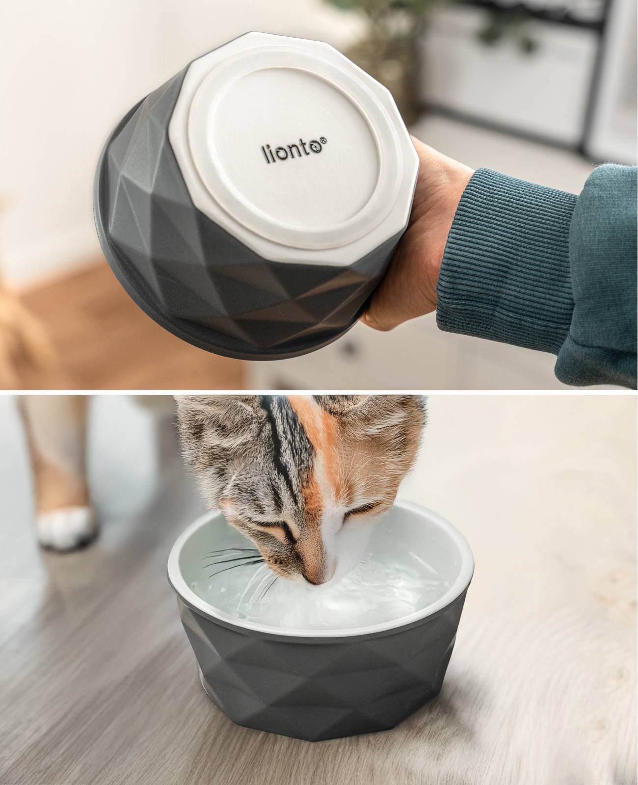 lionto Katzenfutternapf aus Keramik, eleganter, rutschfester Napf mit Silikonboden, pflegeleicht & langlebig, 350 ml, dunkelgrau/hellgrau matt