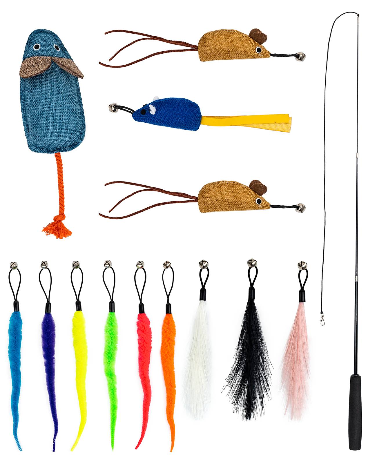 lionto Katzenspielzeug mit Teleskopangel, 14-teiliges Set mit Mäusen, Federn, Wackelwürmern & Baldrian, flexibel & interaktiv