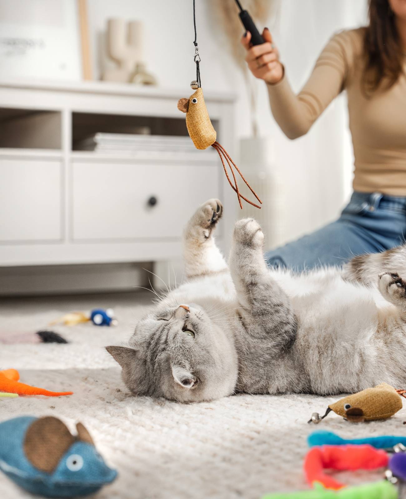 lionto Katzenspielzeug mit Teleskopangel, 14-teiliges Set mit Mäusen, Federn, Wackelwürmern & Baldrian, flexibel & interaktiv