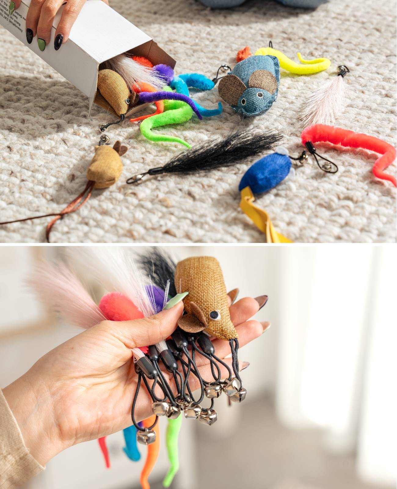 lionto Katzenspielzeug mit Teleskopangel, 14-teiliges Set mit Mäusen, Federn, Wackelwürmern & Baldrian, flexibel & interaktiv