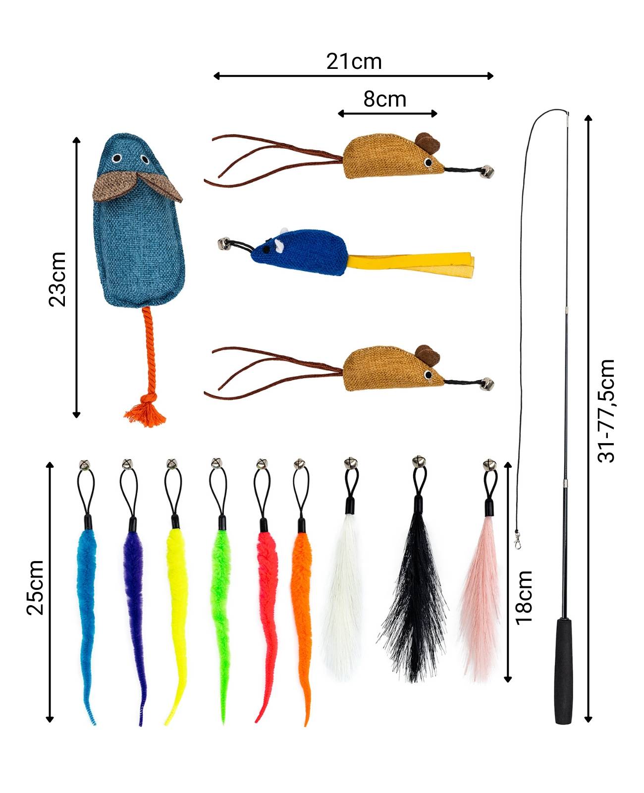 lionto Katzenspielzeug mit Teleskopangel, 14-teiliges Set mit Mäusen, Federn, Wackelwürmern & Baldrian, flexibel & interaktiv