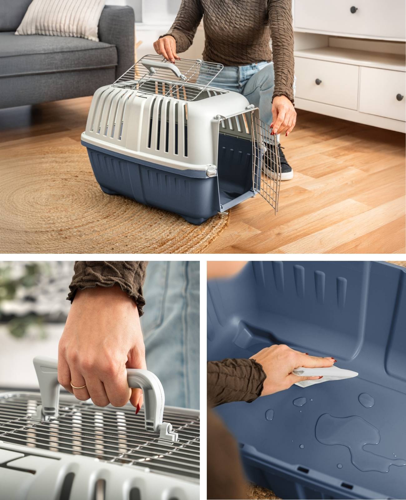 lionto Transportbox für Haustiere, robust & sicher, aus recyceltem Polypropylen, mit Metalltür & Tragegriff, 58,5x35,5x40 cm, dunkelblau