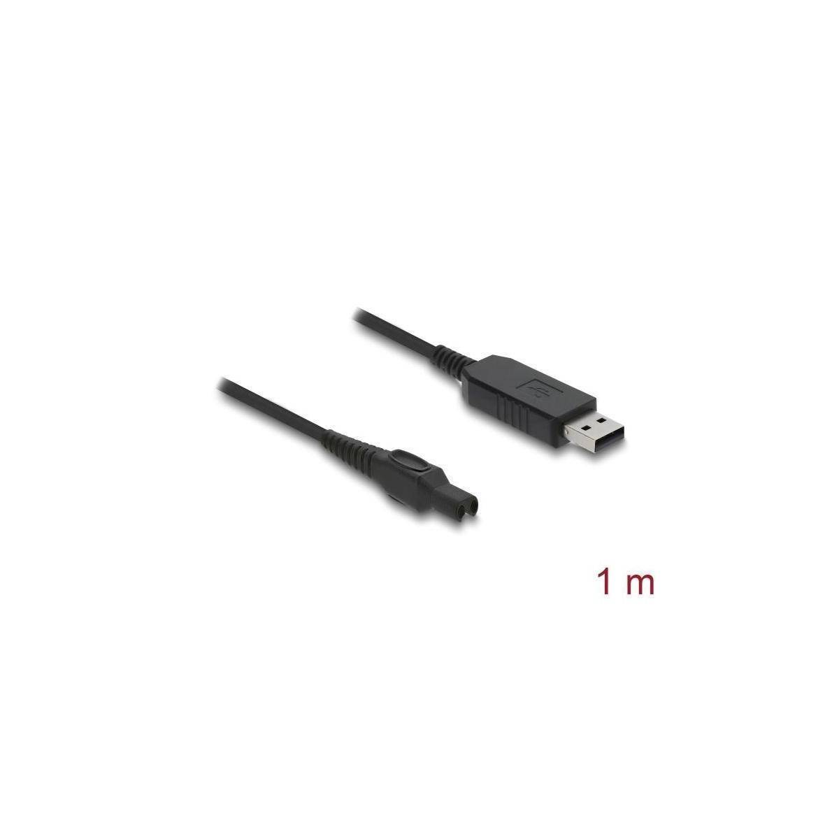 Schwarzes USB-Kabel, 1 Meter lang, mit einem USB Typ A-Stecker auf der einen Seite und einem geräteabhängigen Stecker auf der anderen Seite.