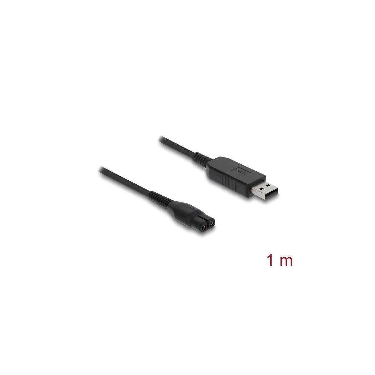 Ein schwarzes USB-Ladekabel, ein Meter lang, mit einem USB-A-Anschluss an einem Ende und einem runden Anschluss am anderen Ende.
