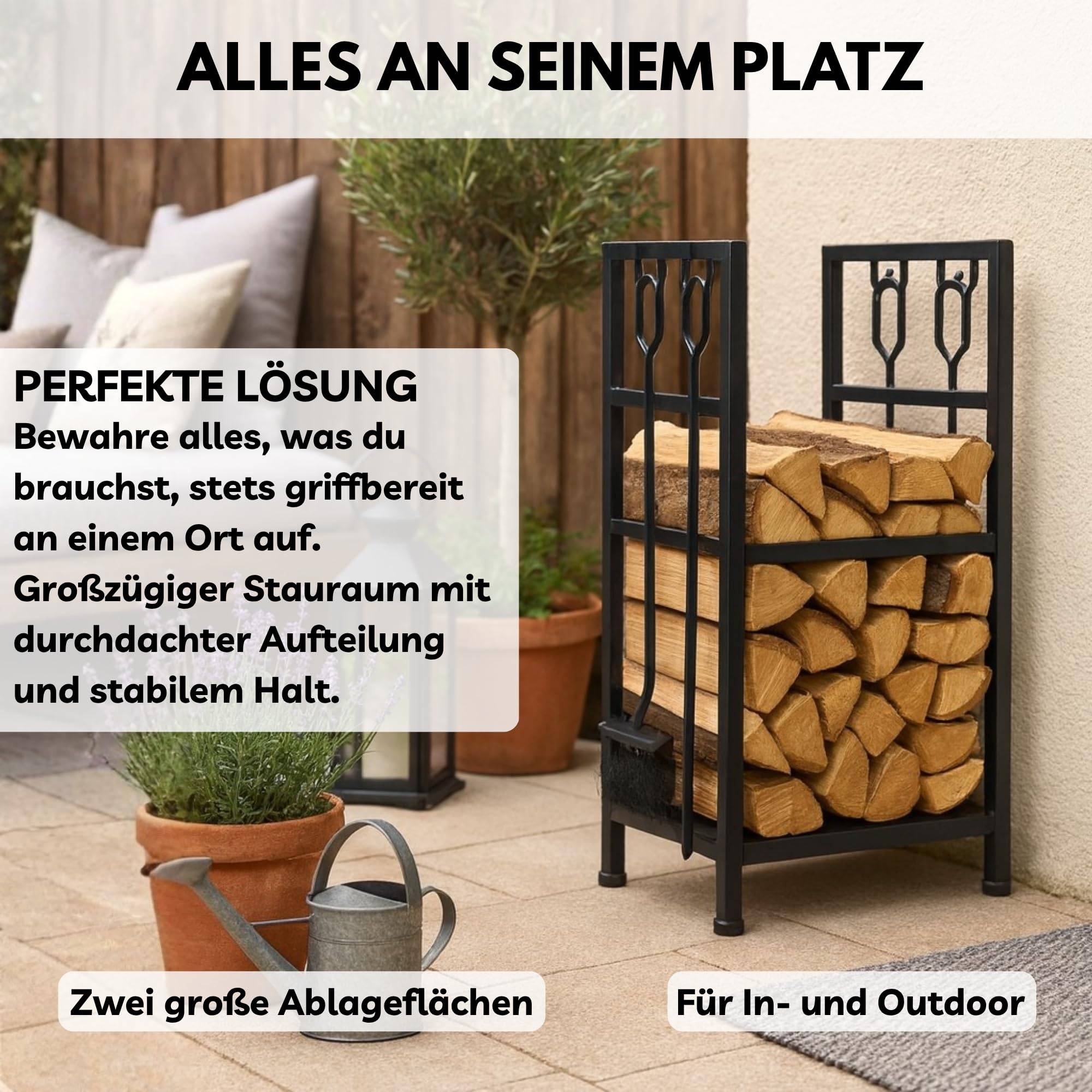 Kaminholzständer Feuerholz Regal Kaminholzregal Metall Holzlager Kaminbesteck Set 4-teilig Feger Schaufel Zange Haken