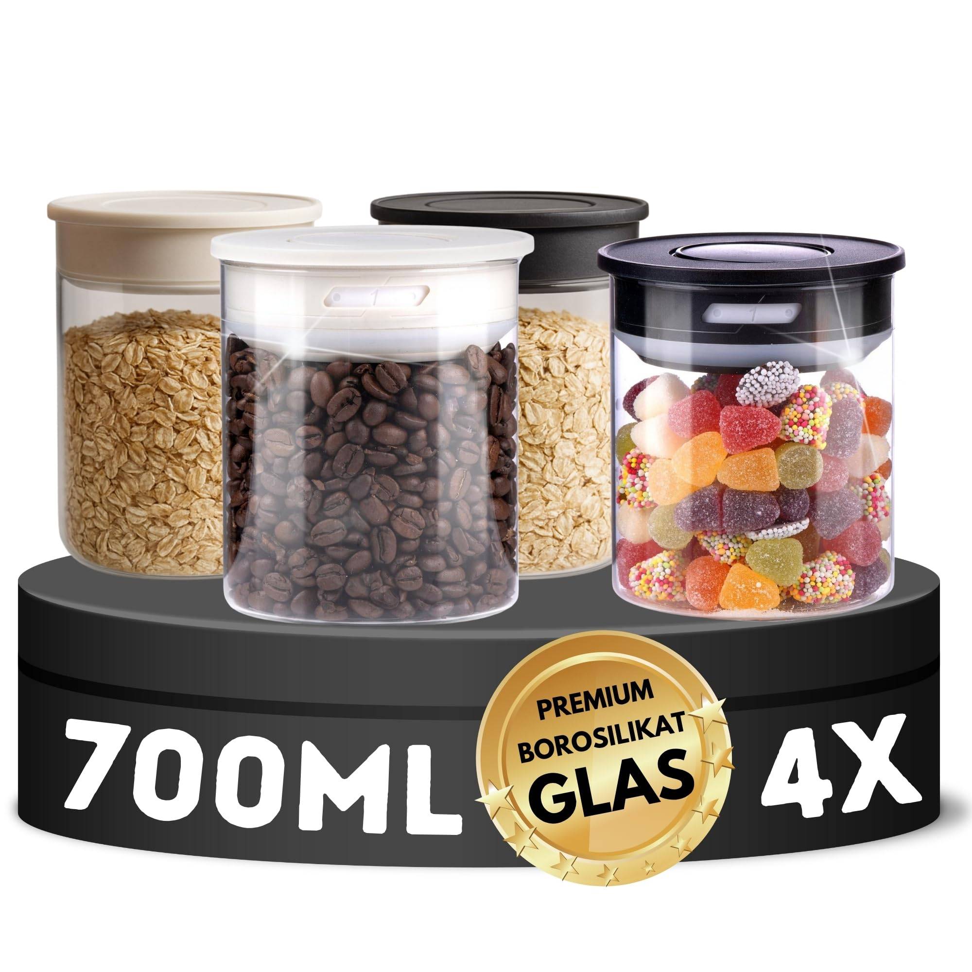 Vorratsgläser Set 4 Stück 700ml Vakuum Borosilikat Glas Aufbewahrung Vorratsglas 0,7L luftdicht Glasbehälter mit Deckel mit Vakuumverschluss Küche
