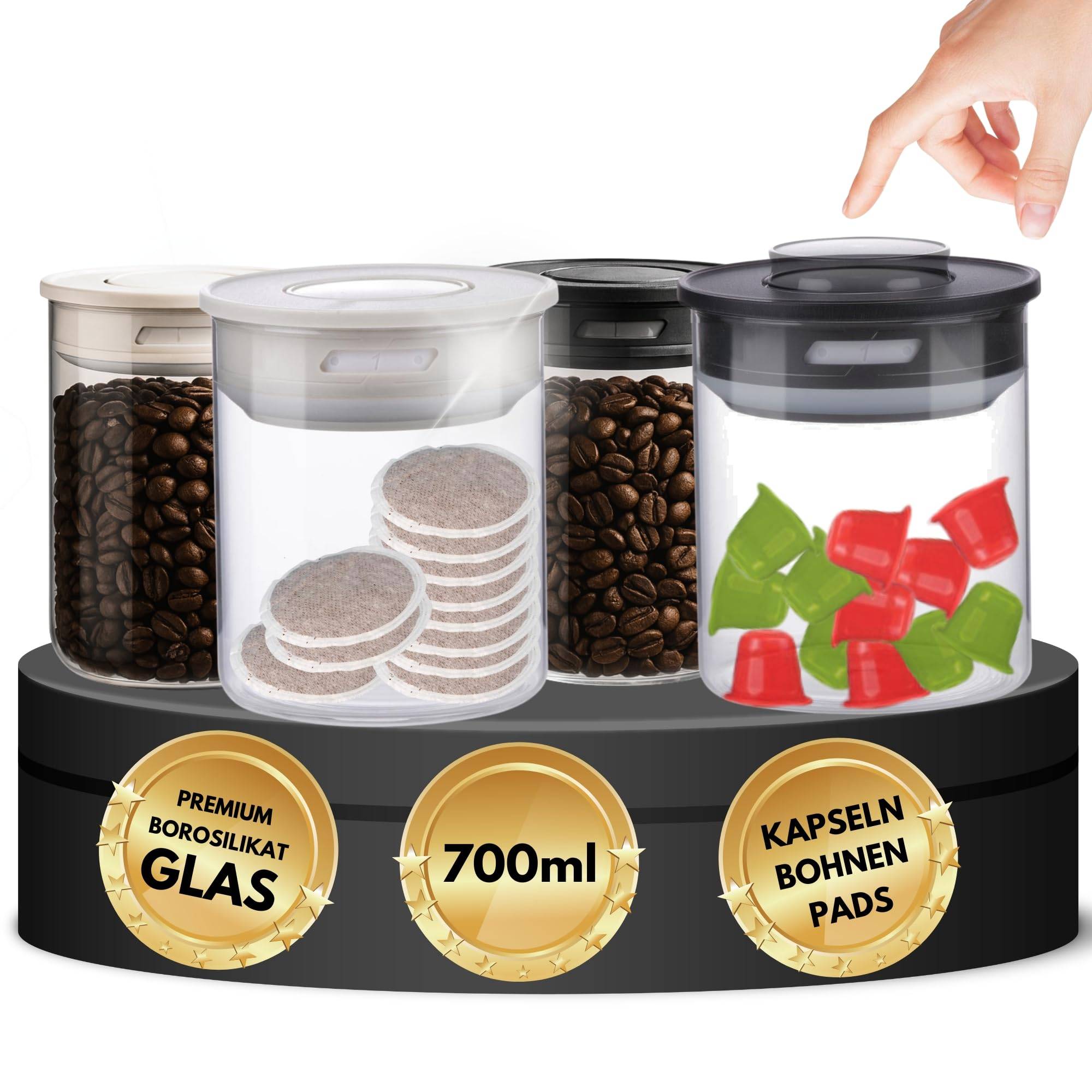 Vakuum 4x Kaffeedose Teedose Vorratsdose - Vorratsbehälter Vakuumdose mit Aroma-Deckel Luftdicht für Kaffeebohnen Kaffeepad Kaffeekapseln kompatibel