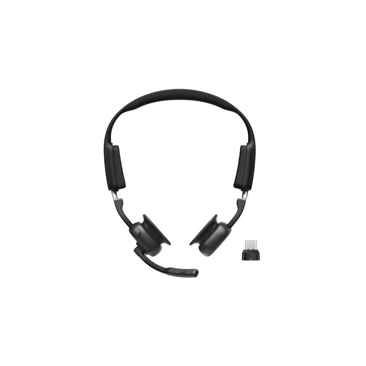 Ein Kopfhörer mit angebrachtem Mikrofon, ausgestattet mit Over-Ear-Ohrpolstern und einem kleinen, abnehmbaren USB-C-Adapter daneben.