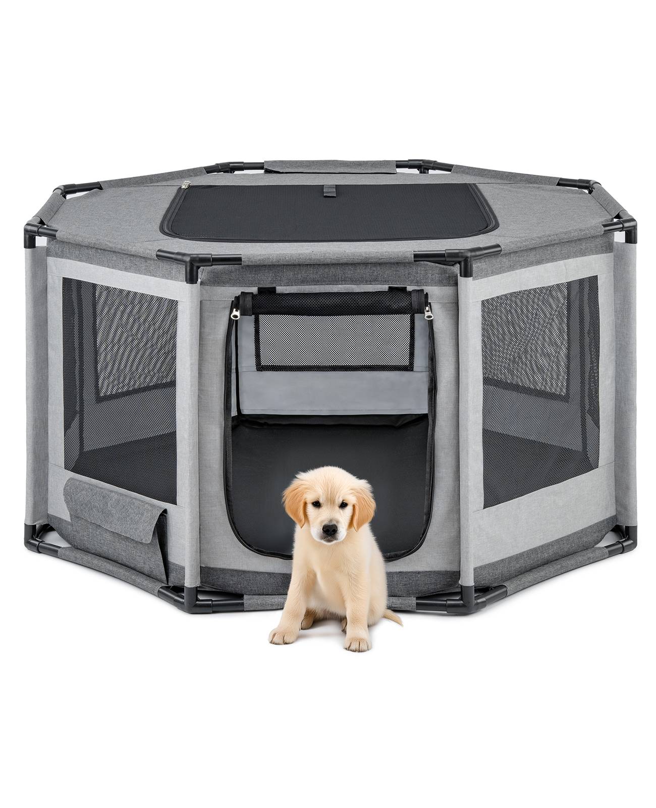 lionto Welpenauslauf, atmungsaktiv & pflegeleicht, faltbares Gehege mit Netzdach & Reißverschlusstür, 112x112x62 cm, grau